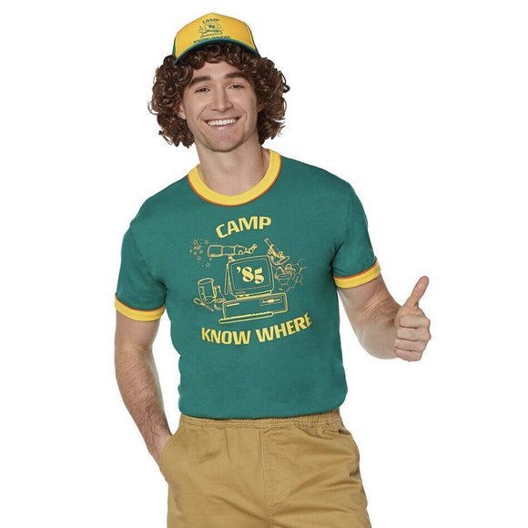 Stranger Things T- Shirt Dustin Camp Knowhere Green Ringer Kids Costume Children - Picture 2 of 11